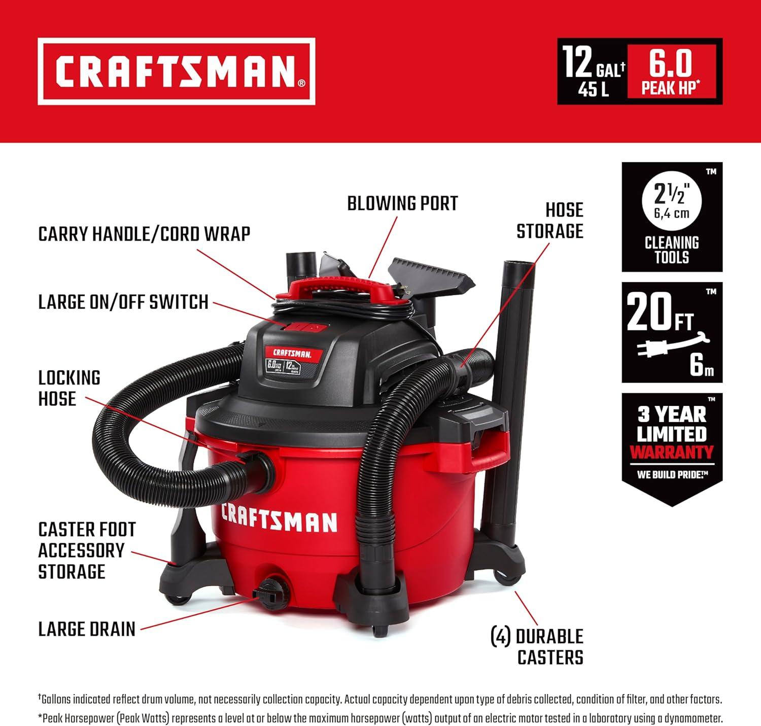 image:imageCRAFTSMAN CMXEVBE17595 16 Gallon 65 Peak HP Wet Dry Vac HeavyDuty Shop Vacuum Wet and Dry with Filter Dust Bag Hose and Attachments for Home Projects amp Renovations12 Gallon 60 Peak HP wFilter Dust Bag Hose