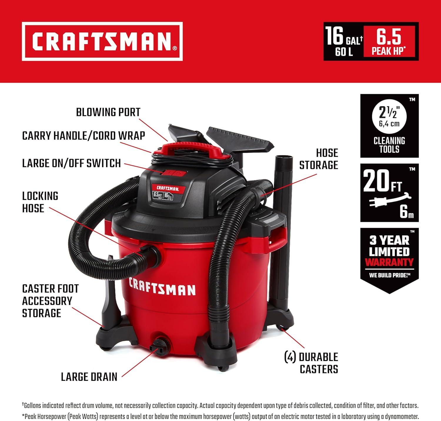 image:imageCRAFTSMAN CMXEVBE17595 16 Gallon 65 Peak HP Wet Dry Vac HeavyDuty Shop Vacuum Wet and Dry with Filter Dust Bag Hose and Attachments for Home Projects amp Renovations16 Gallon 65 Peak HP w4 Dust Bags