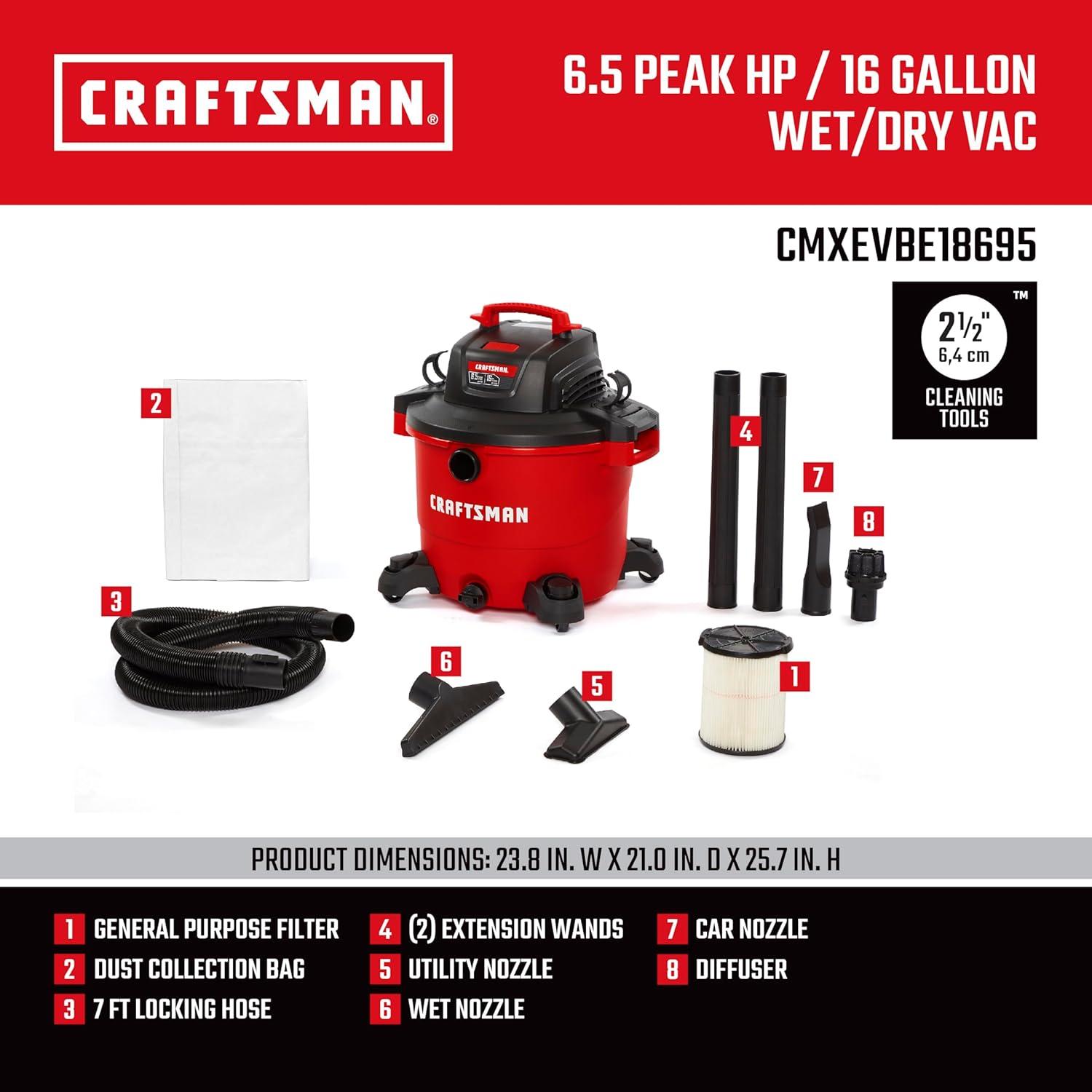 image:imageCRAFTSMAN CMXEVBE17595 16 Gallon 65 Peak HP Wet Dry Vac HeavyDuty Shop Vacuum Wet and Dry with Filter Dust Bag Hose and Attachments for Home Projects amp Renovations16 Gallon 65 Peak HP wDiffuser