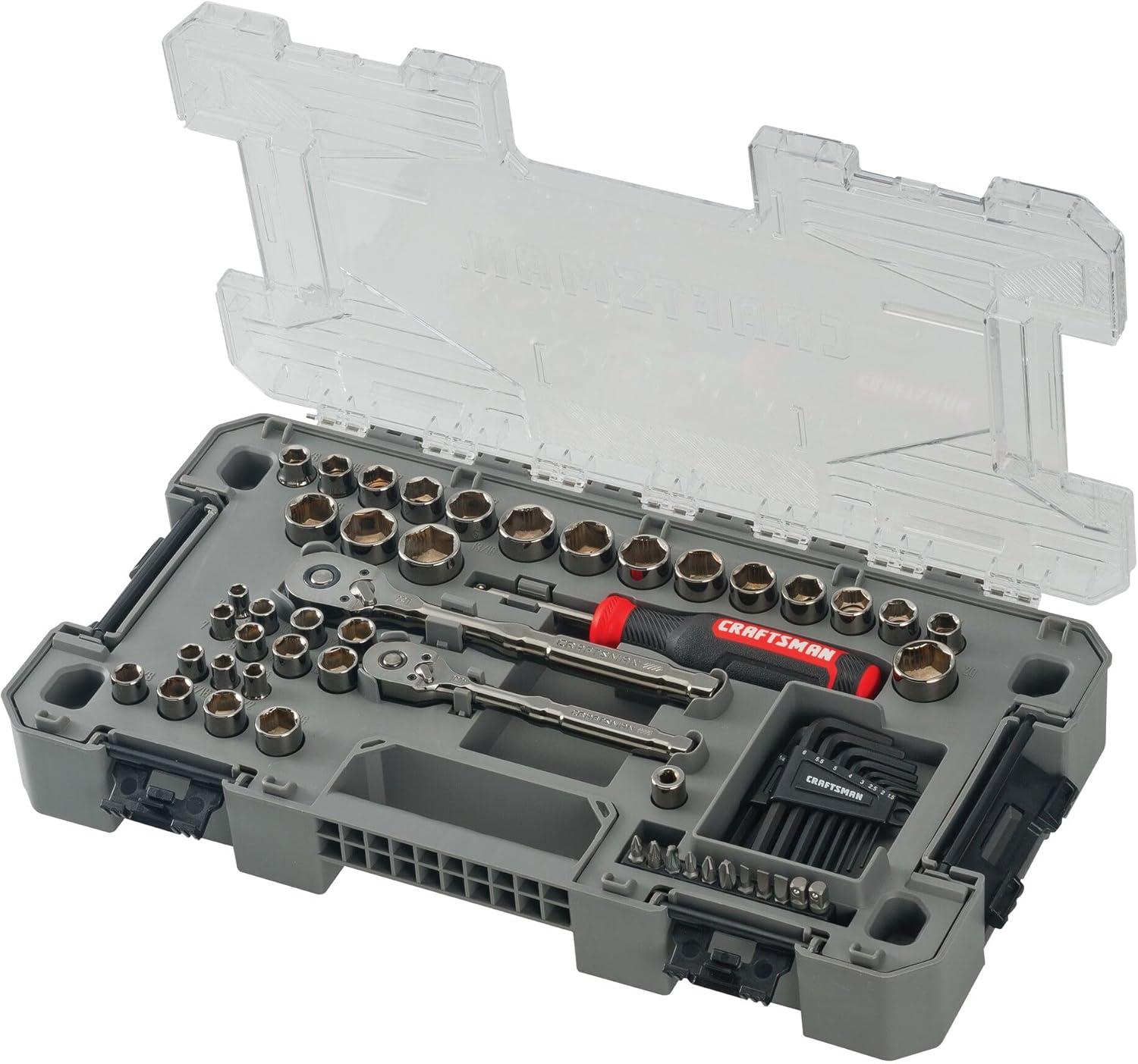 image:imageCRAFTSMAN OVERDRIVE 64Piece Gunmetal Chrome Mechanics Tool Set Standard SAEMetric Socket Set with Hard Case CMMT99064
