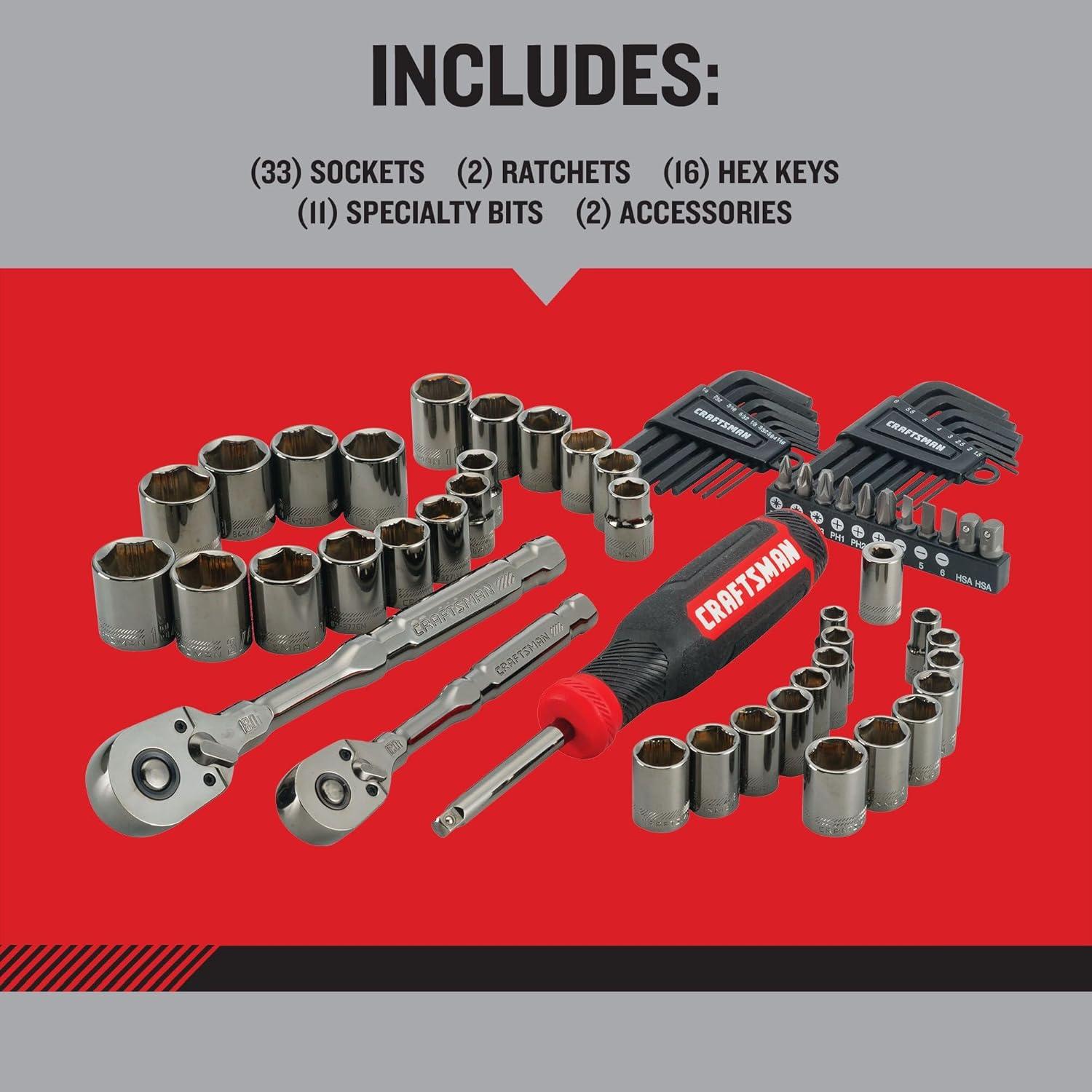 image:imageCRAFTSMAN OVERDRIVE 64Piece Gunmetal Chrome Mechanics Tool Set Standard SAEMetric Socket Set with Hard Case CMMT99064