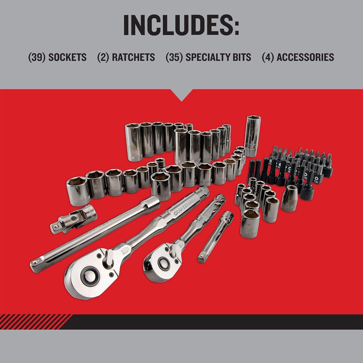 image:imageCRAFTSMAN OVERDRIVE 80Piece Gunmetal Chrome Mechanics Tool Set Standard SAEMetric Socket Set with Hard Case CMMT99080L