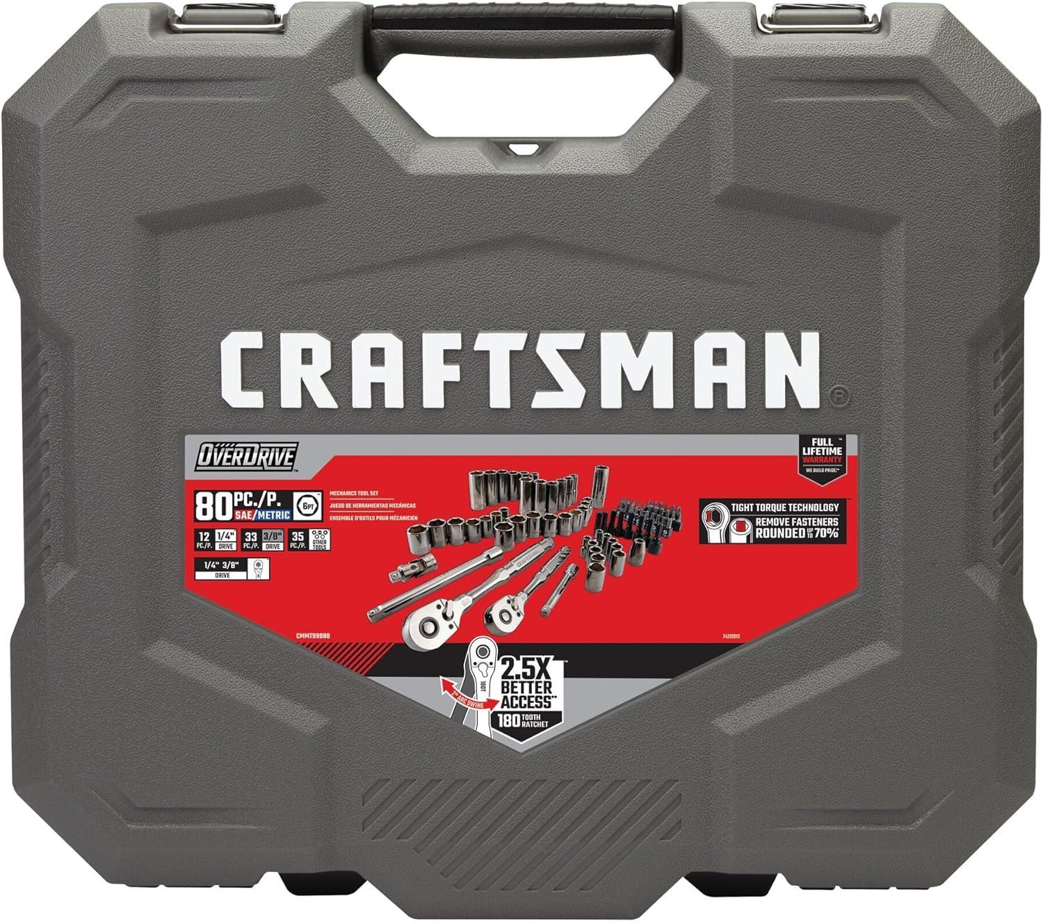 image:imageCRAFTSMAN OVERDRIVE 80Piece Gunmetal Chrome Mechanics Tool Set Standard SAEMetric Socket Set with Hard Case CMMT99080L