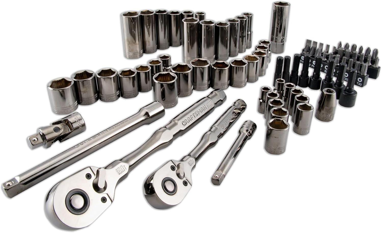 image:imageCRAFTSMAN OVERDRIVE 80Piece Gunmetal Chrome Mechanics Tool Set Standard SAEMetric Socket Set with Hard Case CMMT99080L