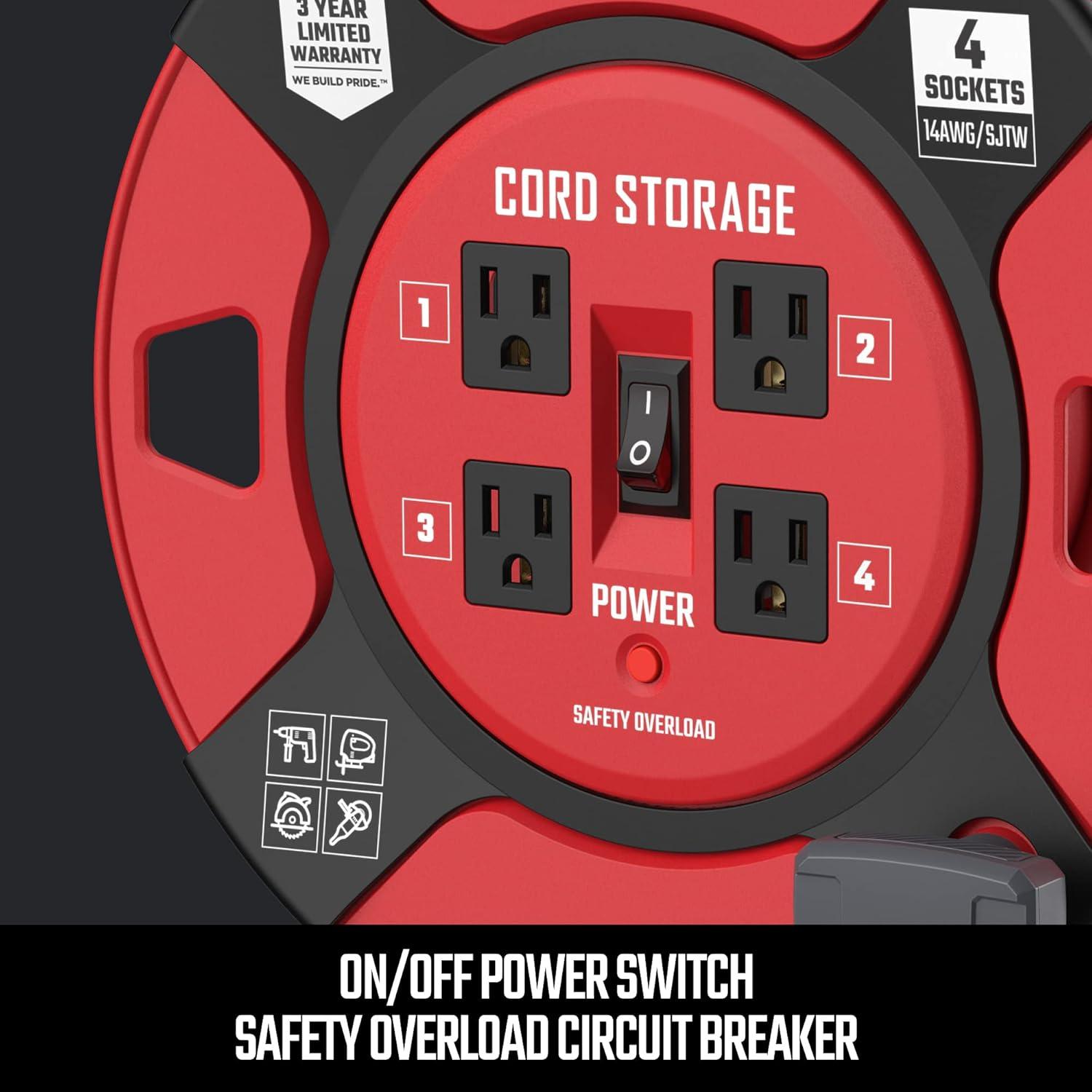 image:imageCRAFTSMAN Retractable Extension Cord Reel 1 Ft with 4 Outlets Cable Management amp Heavy Duty 14AWG SJTW Cable1 ft