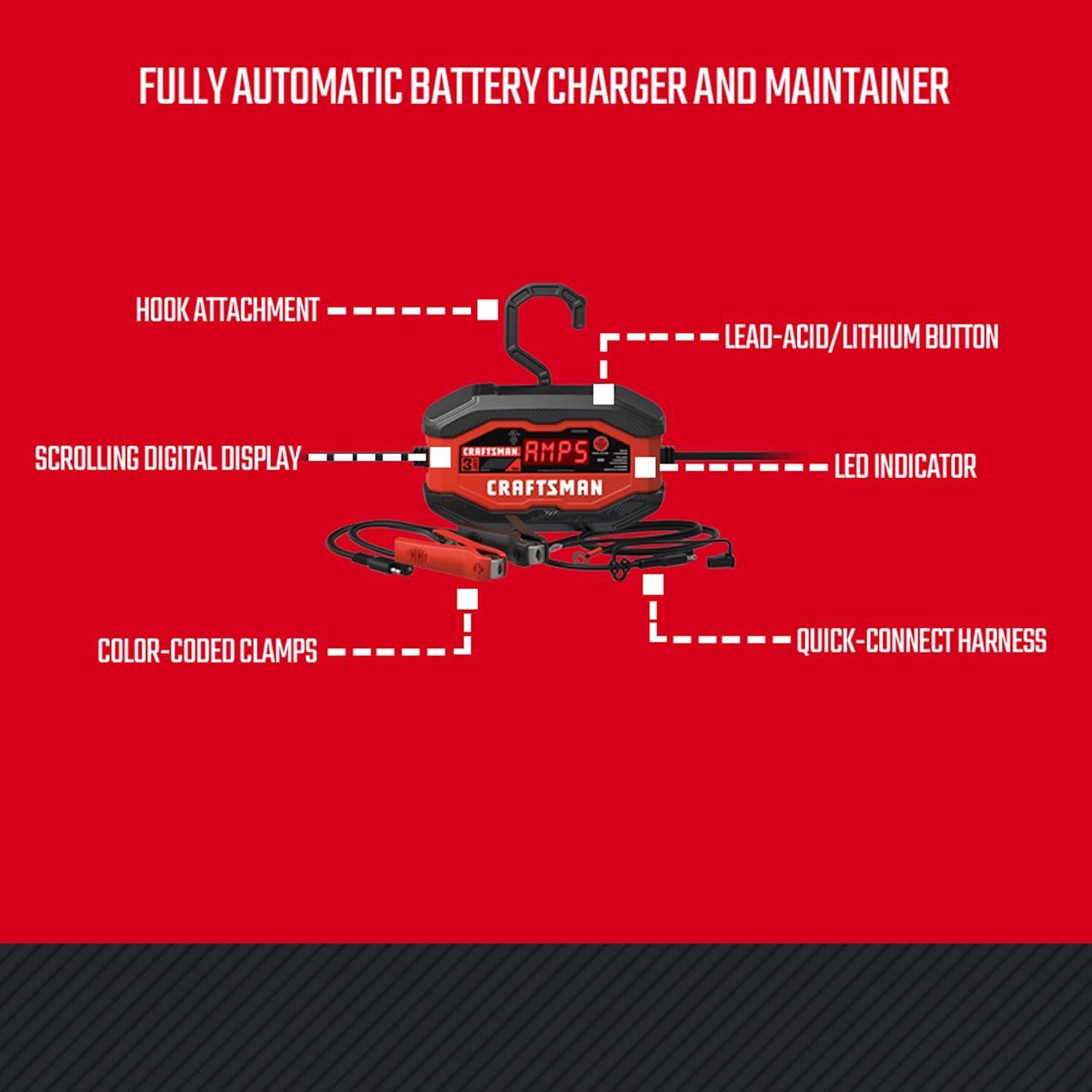 image:imageCRAFTSMAN Battery Charger and Maintainer CMXCESM260 3in1 Fully Automatic 3 Amps 12 Volt for Motorcycle Car SUV Truck and Marine Batteries