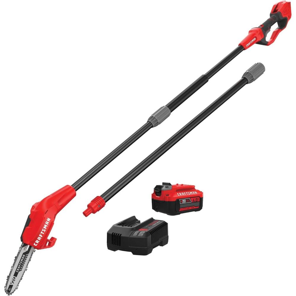 image:imageCRAFTSMAN V20 Cordless Pole Saw 14Foot Battery and Charger Included Pole Saws for Tree Trimming Up to 325 Cuts per Charge 40Ah Electric Tree Trimmer CMCCSP20M1Pole Saw Kit with 4Ah Battery
