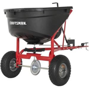 Craftsman CMXGZBF7124571, 110lb Capacity Tow-Behind Lawn Broadcast Spreader, Approximately Coverage of 1/3rd Acre (17,500 sq. ft.), 10-Ft Spread Width, Steel Rod Flow Control, Universal Hitch(110lb Capacity Tow-Behind Lawn Broadcast Spreader)