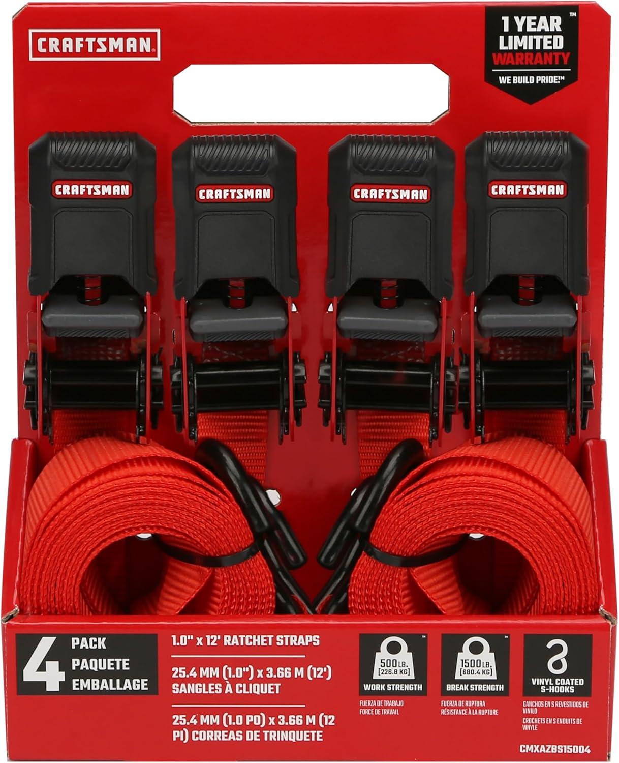 image:imageCRAFTSMAN CMXAZBS15004 BlackRed 1 x 12 Ratchet Tie Down Straps LightMidWeight Duty 1500 lb Break Strength 4 Pack4 Pack