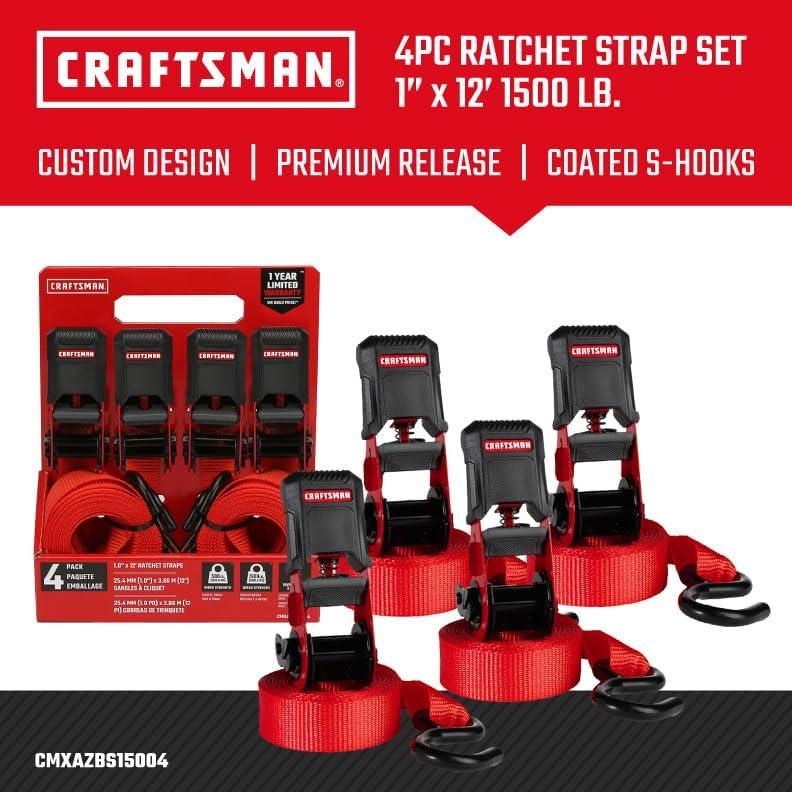 image:imageCRAFTSMAN CMXAZBS15004 BlackRed 1 x 12 Ratchet Tie Down Straps LightMidWeight Duty 1500 lb Break Strength 4 Pack4 Pack