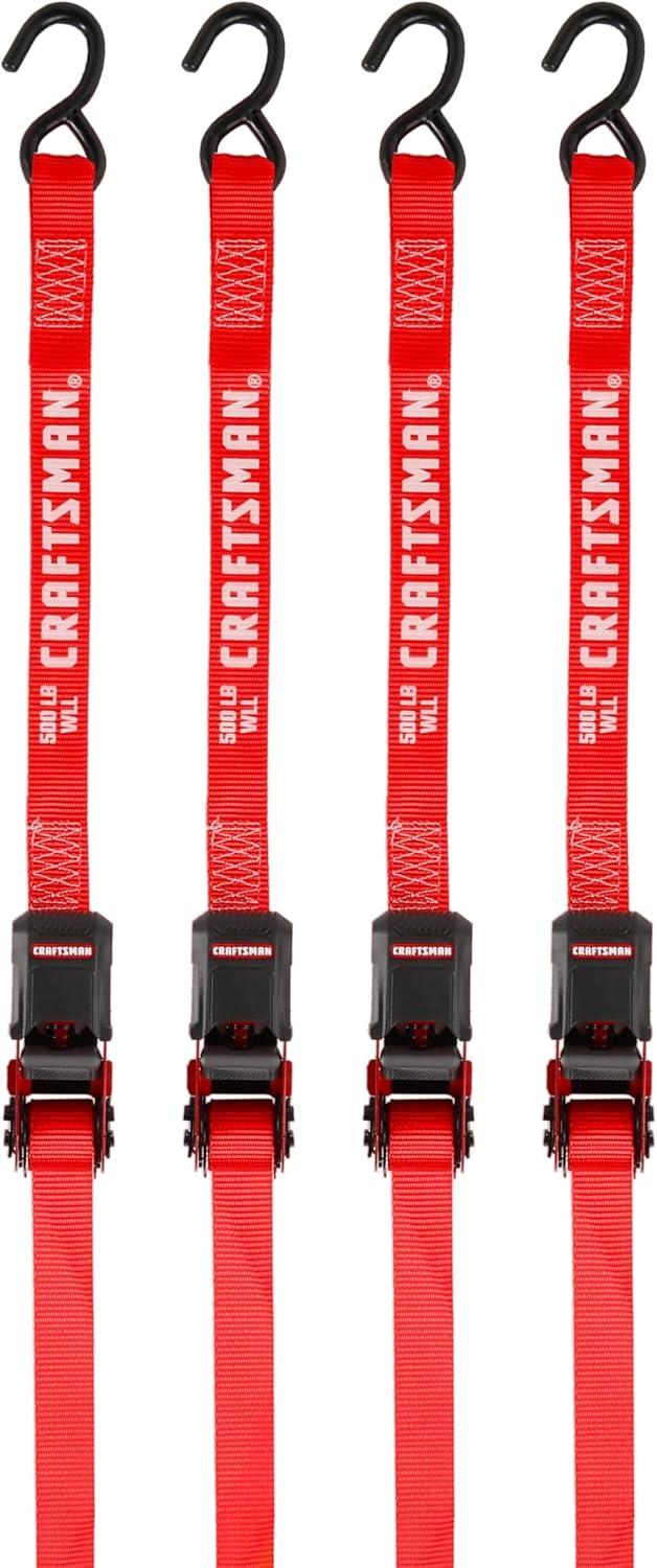 image:imageCRAFTSMAN CMXAZBS15004 BlackRed 1 x 12 Ratchet Tie Down Straps LightMidWeight Duty 1500 lb Break Strength 4 Pack4 Pack