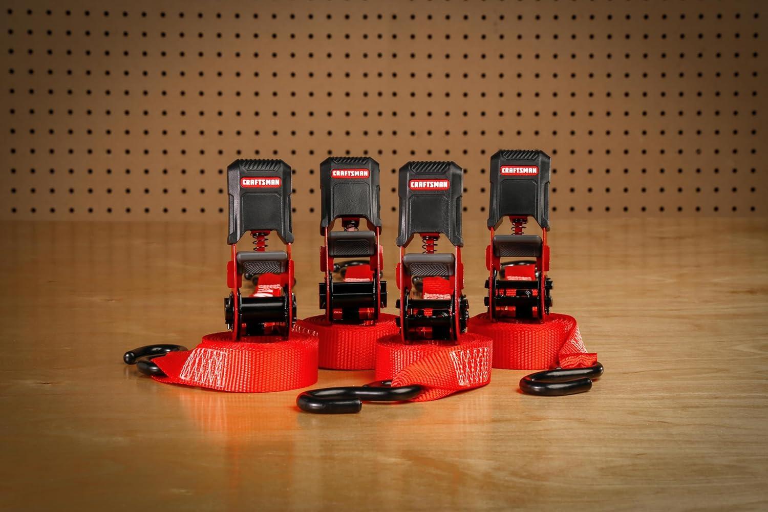 image:imageCRAFTSMAN CMXAZBS15004 BlackRed 1 x 12 Ratchet Tie Down Straps LightMidWeight Duty 1500 lb Break Strength 4 Pack4 Pack