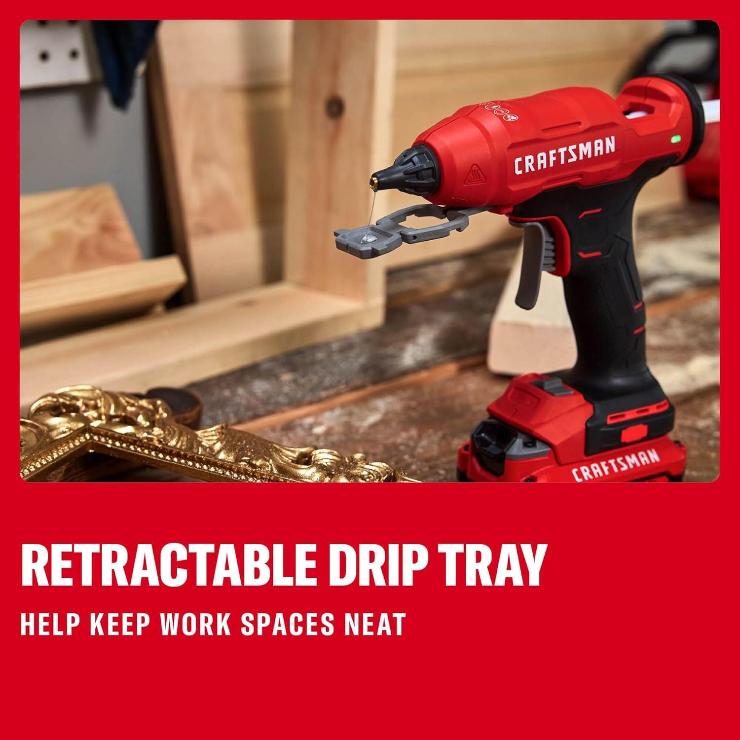 image:imageCRAFTSMAN V20 Hot Glue Gun Full Size Cordless Glue Gun and Sticks Set with LED Light Interchangeable Nozzles and Wrench Retractable Dip Tray Fast Preheat Long Runtime Tool Only CMGL200B