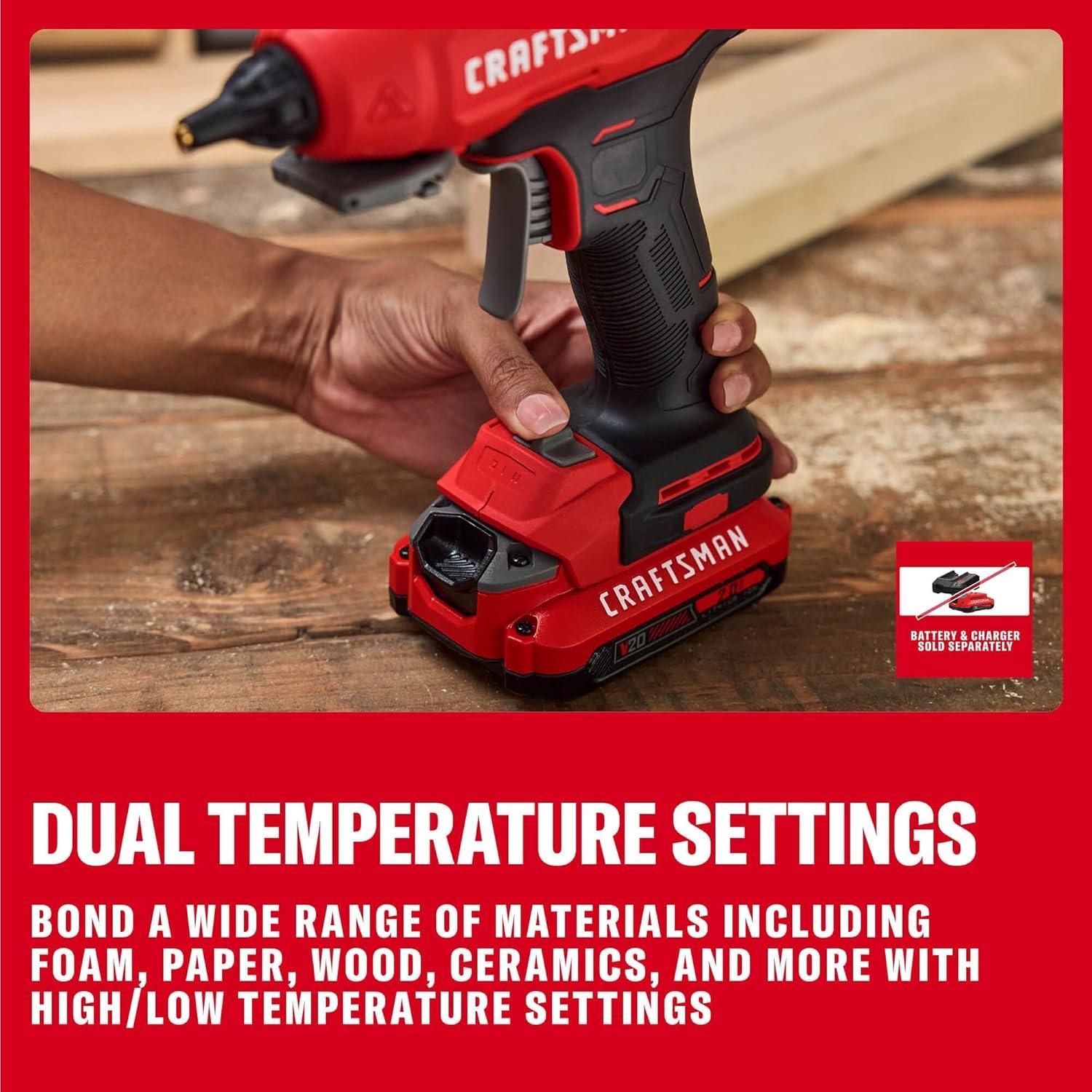 image:imageCRAFTSMAN V20 Hot Glue Gun Full Size Cordless Glue Gun and Sticks Set with LED Light Interchangeable Nozzles and Wrench Retractable Dip Tray Fast Preheat Long Runtime Tool Only CMGL200B