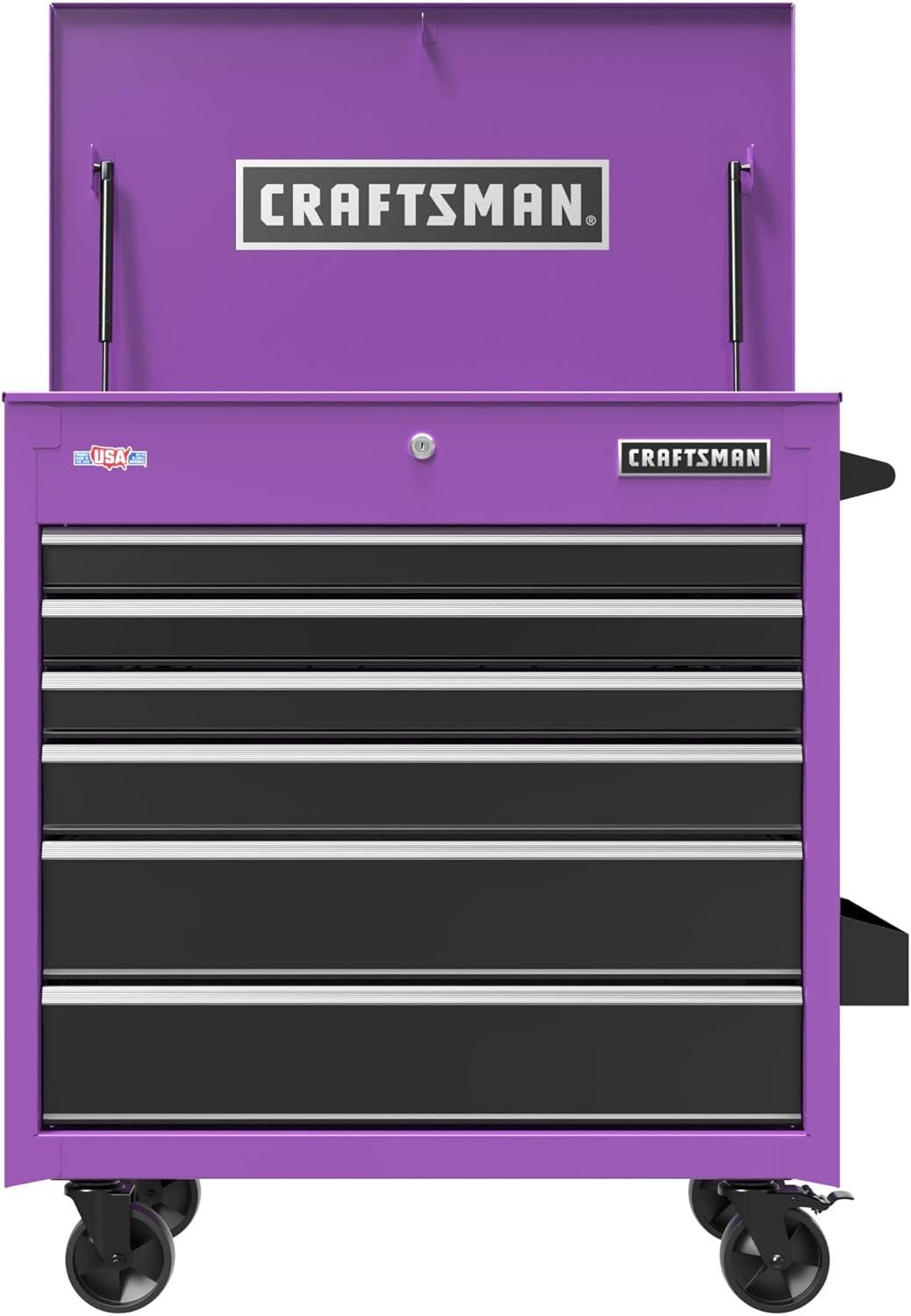 image:imageCRAFTSMAN Full Bank Utility Cart on Wheels 37 x 21 x 41 Inch Six SoftClose Drawers Power Outlets Side Tray Rolling Tool Box Purple CMSTUC06PB