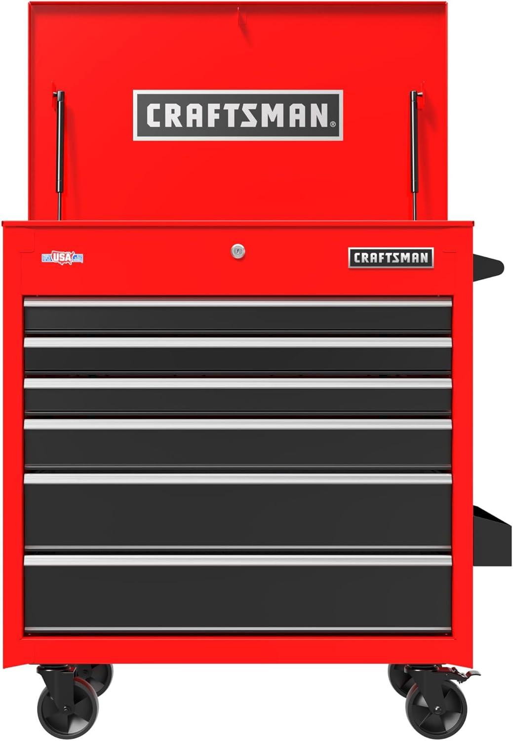 image:imageCRAFTSMAN Rolling Cart with Drawers Full Bank Utility Cart Six SoftClose Drawers Tool Chest Power Outlets Side Tray Heavy Duty Casters 37 x 21 x 41 Inch Red CMSTUC06RB