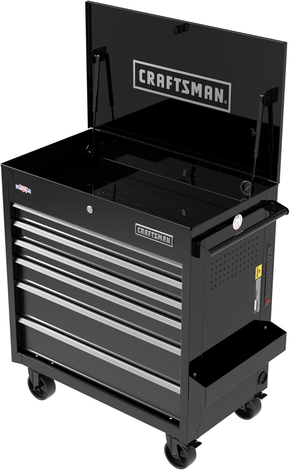 image:imageCRAFTSMAN Tool Chest with Wheels Full Bank Utility Cart Six SoftClose Drawers Power Outlets Side Tray Storage Cart Heavy Duty Casters 37 x 21 x 41 Inch Black CMSTUC06BK