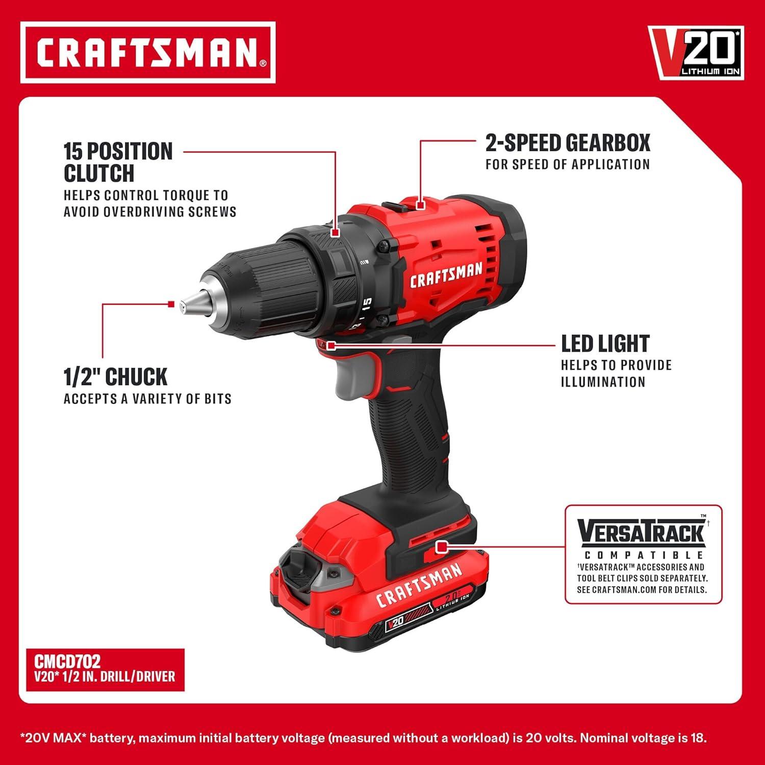 image:imageCRAFTSMAN V20 Cordless Drill Driver and Impact Driver Includes 2 x 2Ah Lithium Ion Battery and Charger 1700 RPM 12 In Electric Drill 1800 Torque 14 Impact Screwdriver CMCK201D2