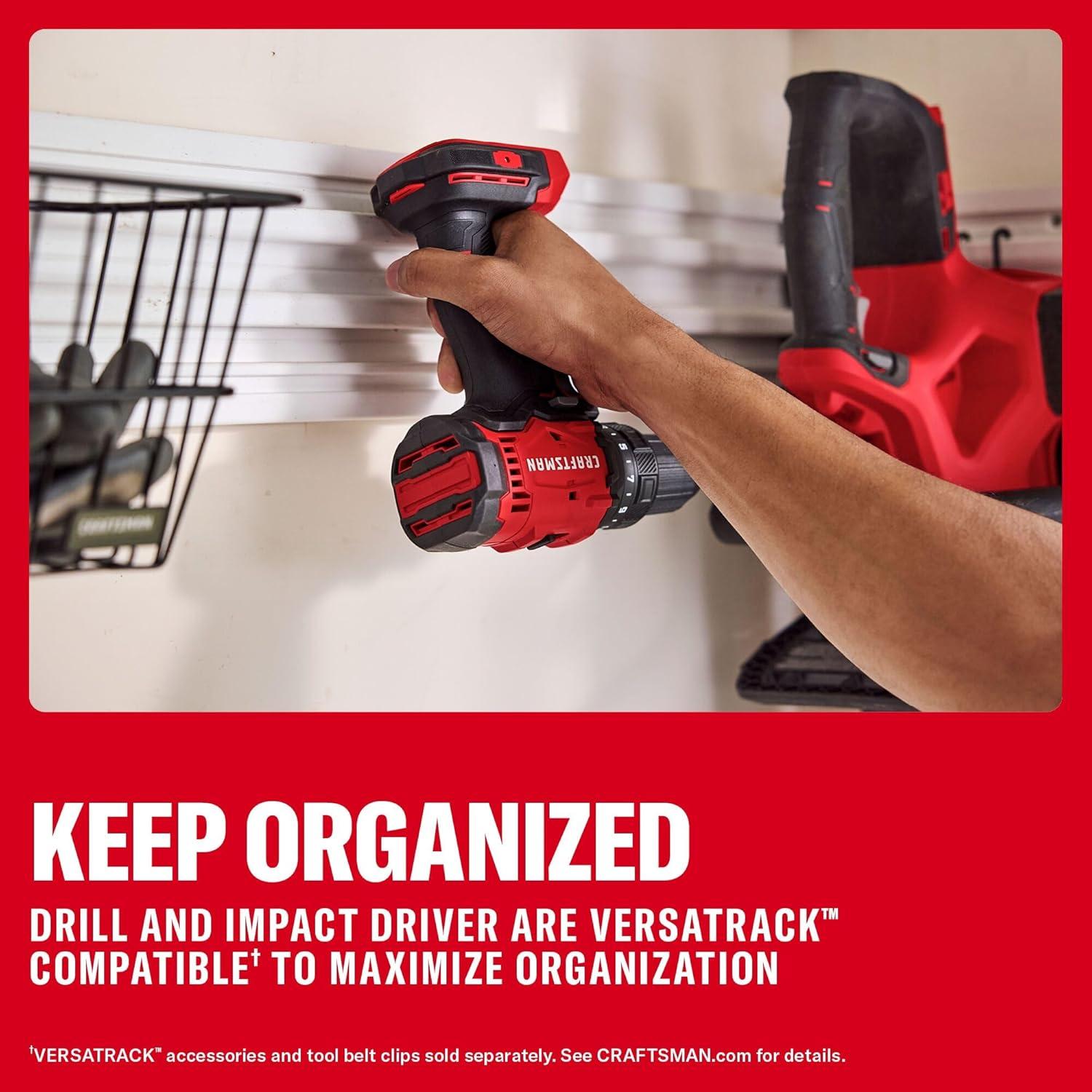 image:imageCRAFTSMAN V20 Cordless Drill Driver and Impact Driver Includes 2 x 2Ah Lithium Ion Battery and Charger 1700 RPM 12 In Electric Drill 1800 Torque 14 Impact Screwdriver CMCK201D2