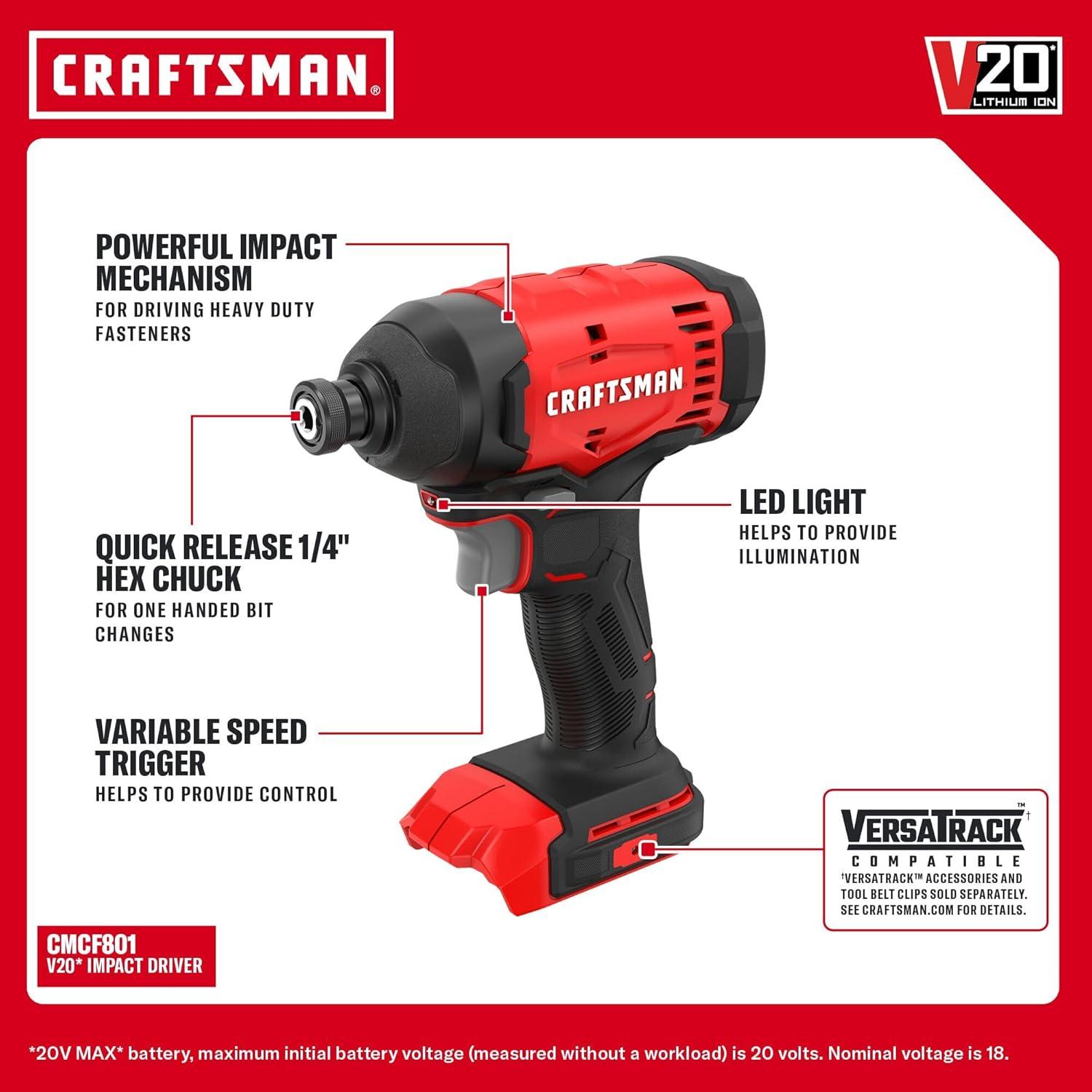 image:imageCRAFTSMAN V20 Cordless Drill Set and Impact Driver Includes 2Ah Battery and Charger Power Tool Set with 1700 RPM 12 In Power Drill 1800 Torque 14 In Impact Screwdriver CMCK201D1