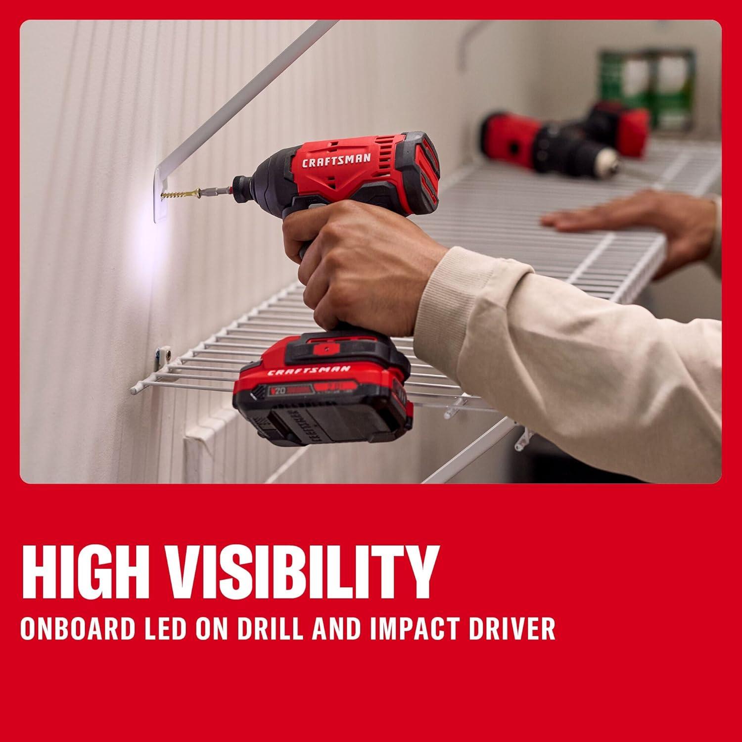 image:imageCRAFTSMAN V20 Cordless Drill Set and Impact Driver Includes 2Ah Battery and Charger Power Tool Set with 1700 RPM 12 In Power Drill 1800 Torque 14 In Impact Screwdriver CMCK201D1