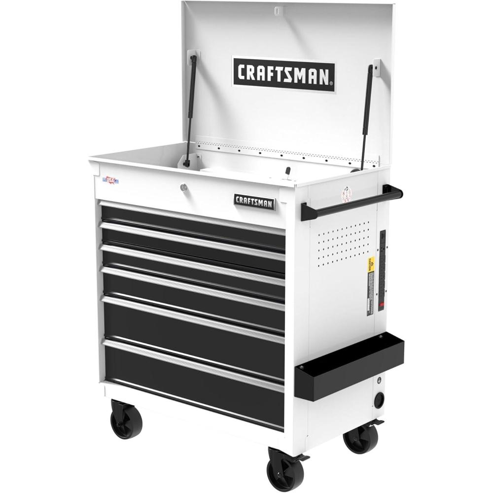 image:imageCRAFTSMAN Full Bank Utility Cart Rolling Cart with Six SoftClose Drawers 37 x 21 x 41 Inch Power Outlets Side Tray Heavy Duty Casters Rolling Tool Chest White CMSTUC06WB