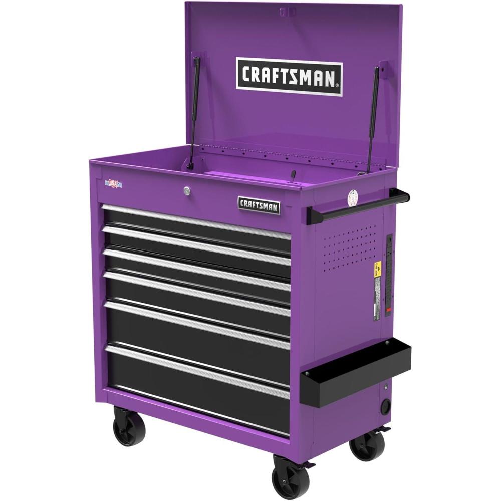 image:imageCRAFTSMAN Full Bank Utility Cart on Wheels 37 x 21 x 41 Inch Six SoftClose Drawers Power Outlets Side Tray Rolling Tool Box Purple CMSTUC06PB