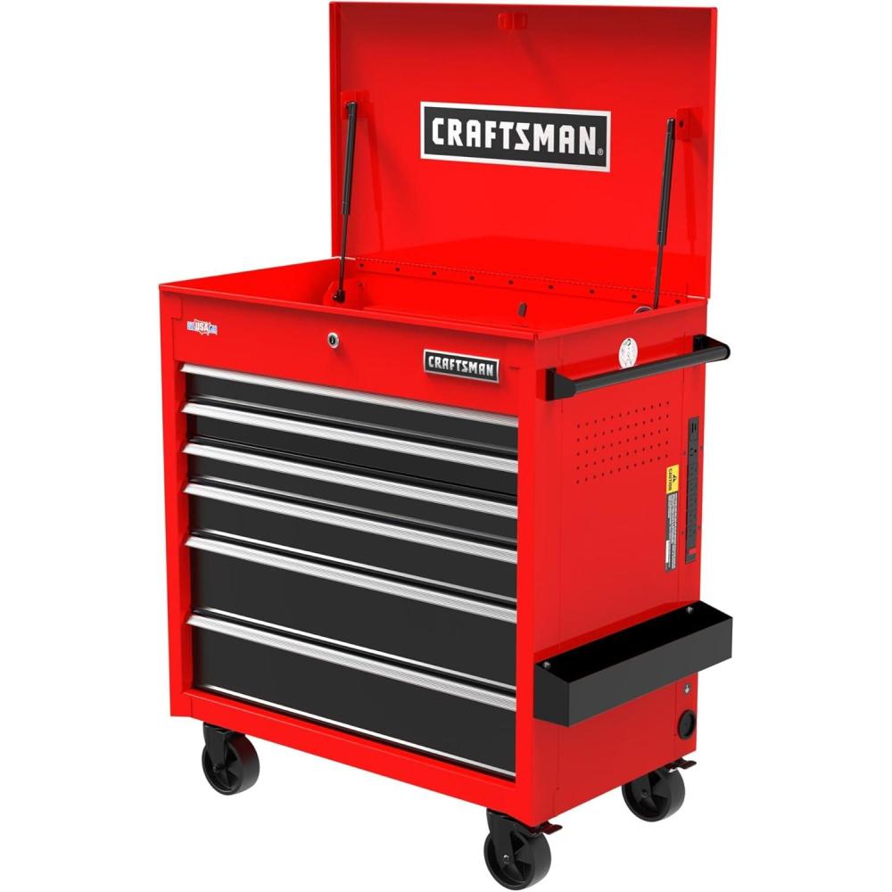 image:imageCRAFTSMAN Rolling Cart with Drawers Full Bank Utility Cart Six SoftClose Drawers Tool Chest Power Outlets Side Tray Heavy Duty Casters 37 x 21 x 41 Inch Red CMSTUC06RB