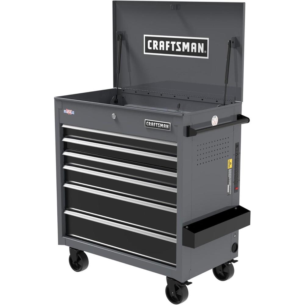 image:imageCRAFTSMAN Tool Cart with Wheels Full Bank Rolling Utility Cart 37 x 21 x 41 Inch Power Outlets and USB Connectors Integrated Pegboard Internal Locking System Gray CMSTUC06GB