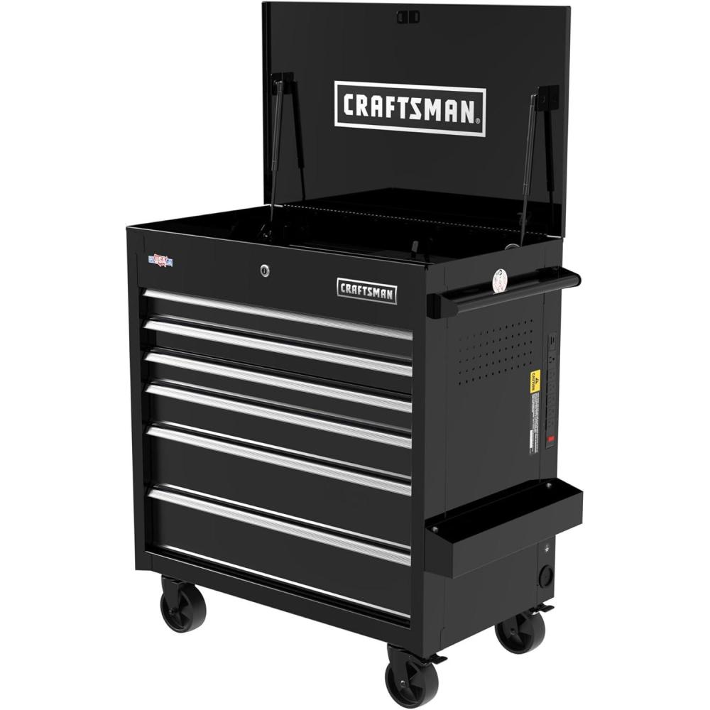 image:imageCRAFTSMAN Tool Chest with Wheels Full Bank Utility Cart Six SoftClose Drawers Power Outlets Side Tray Storage Cart Heavy Duty Casters 37 x 21 x 41 Inch Black CMSTUC06BK