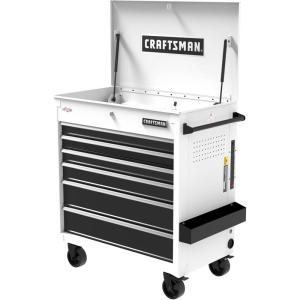 CRAFTSMAN Full Bank Utility Cart, Rolling Cart with Six Soft-Close Drawers, 37 x 21 x 41 Inch, Power Outlets, Side Tray, Heavy Duty Casters Rolling Tool Chest, White (CMSTUC06WB)