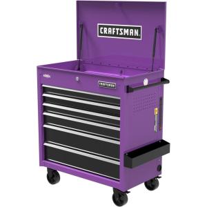 CRAFTSMAN Full Bank Utility Cart on Wheels, 37 x 21 x 41 Inch, Six Soft-Close Drawers, Power Outlets, Side Tray, Rolling Tool Box, Purple (CMSTUC06PB)